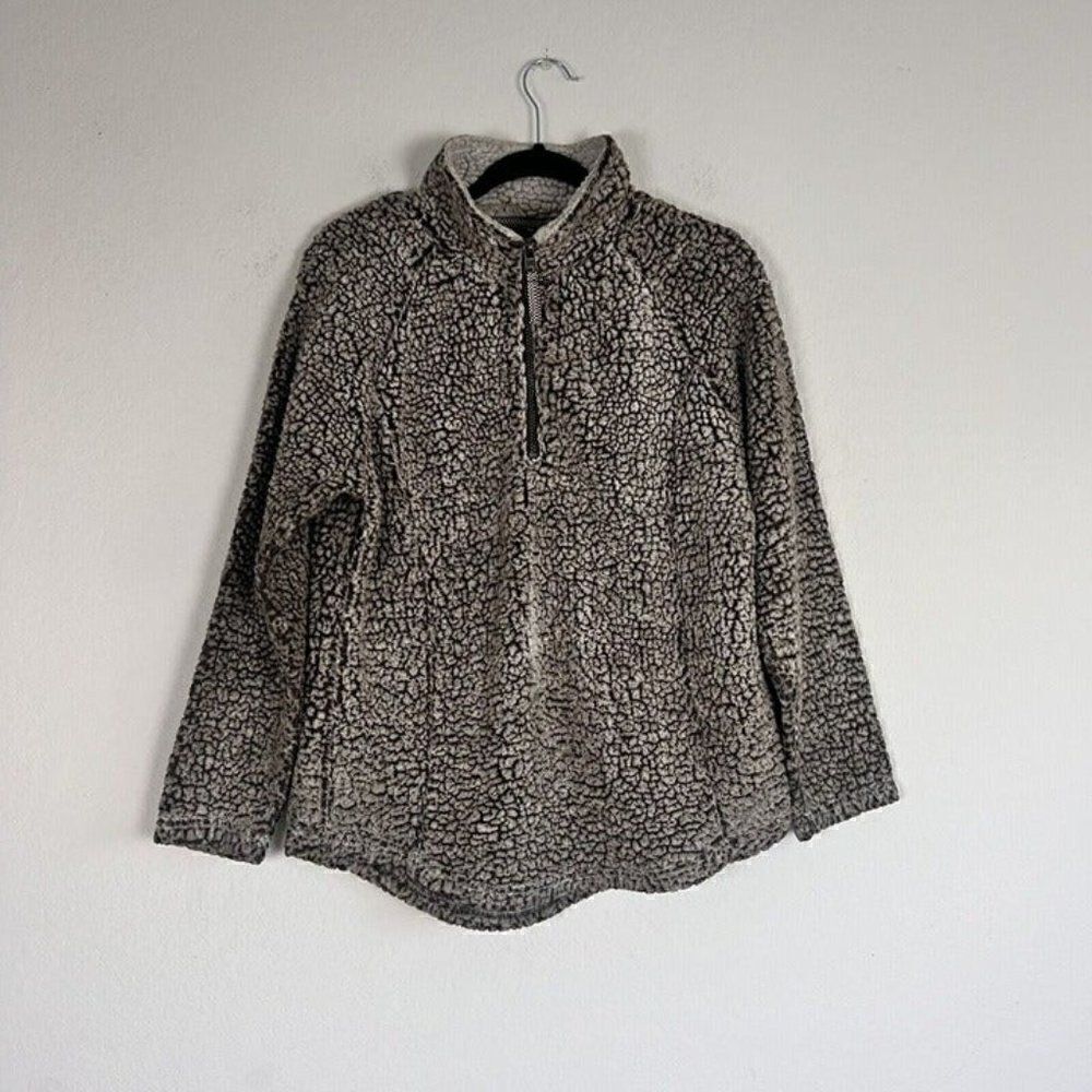 Cozy Sherpa Women’s Tan & Brown Henley Pullover Outdoor Sweater Size Large